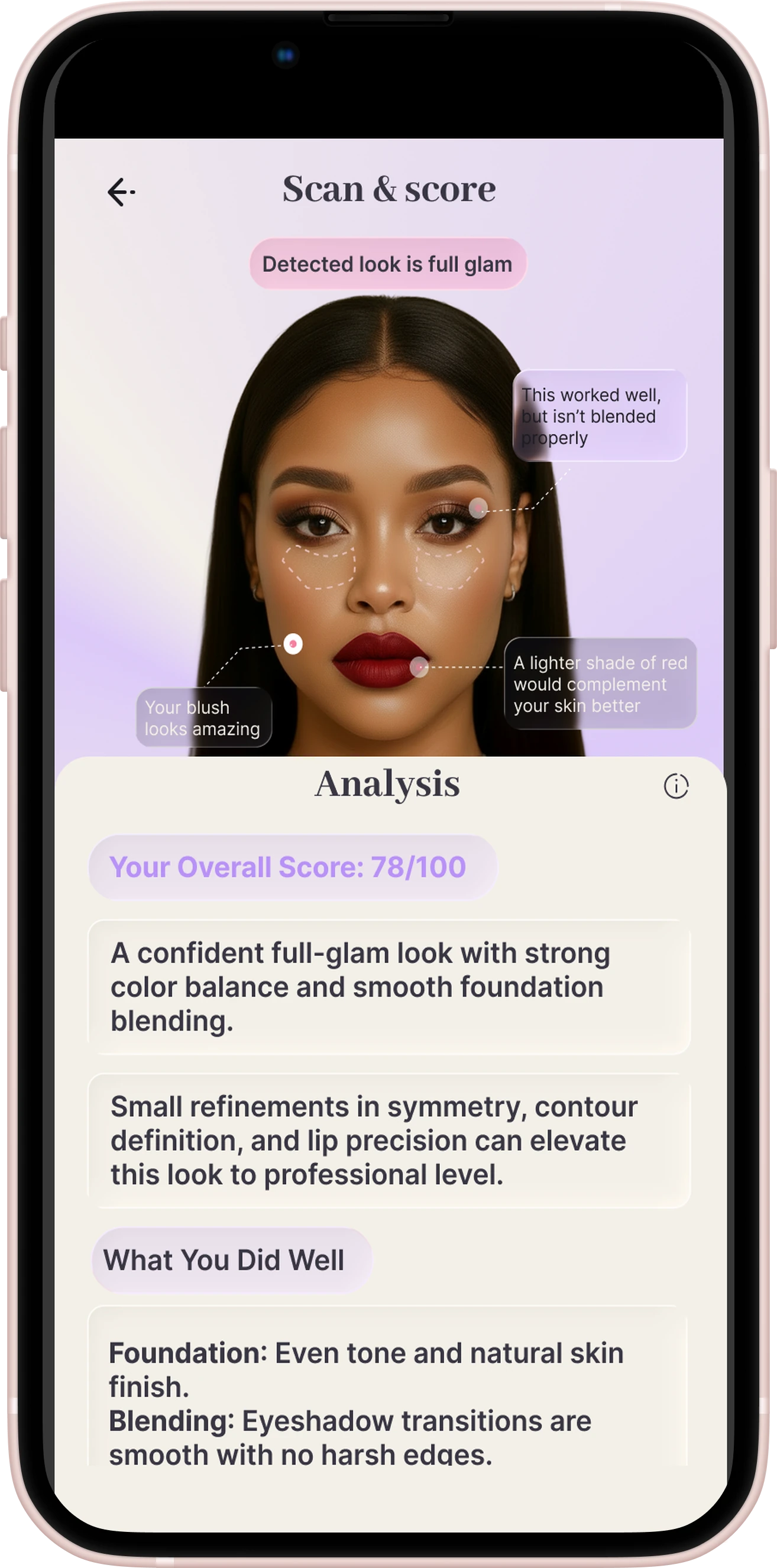 Face By You app screen showing an AI makeup analysis and score